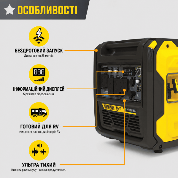 Гібридний інверторний генератор CHAMPION C8500iES Tri Fuel (501598-UA)
